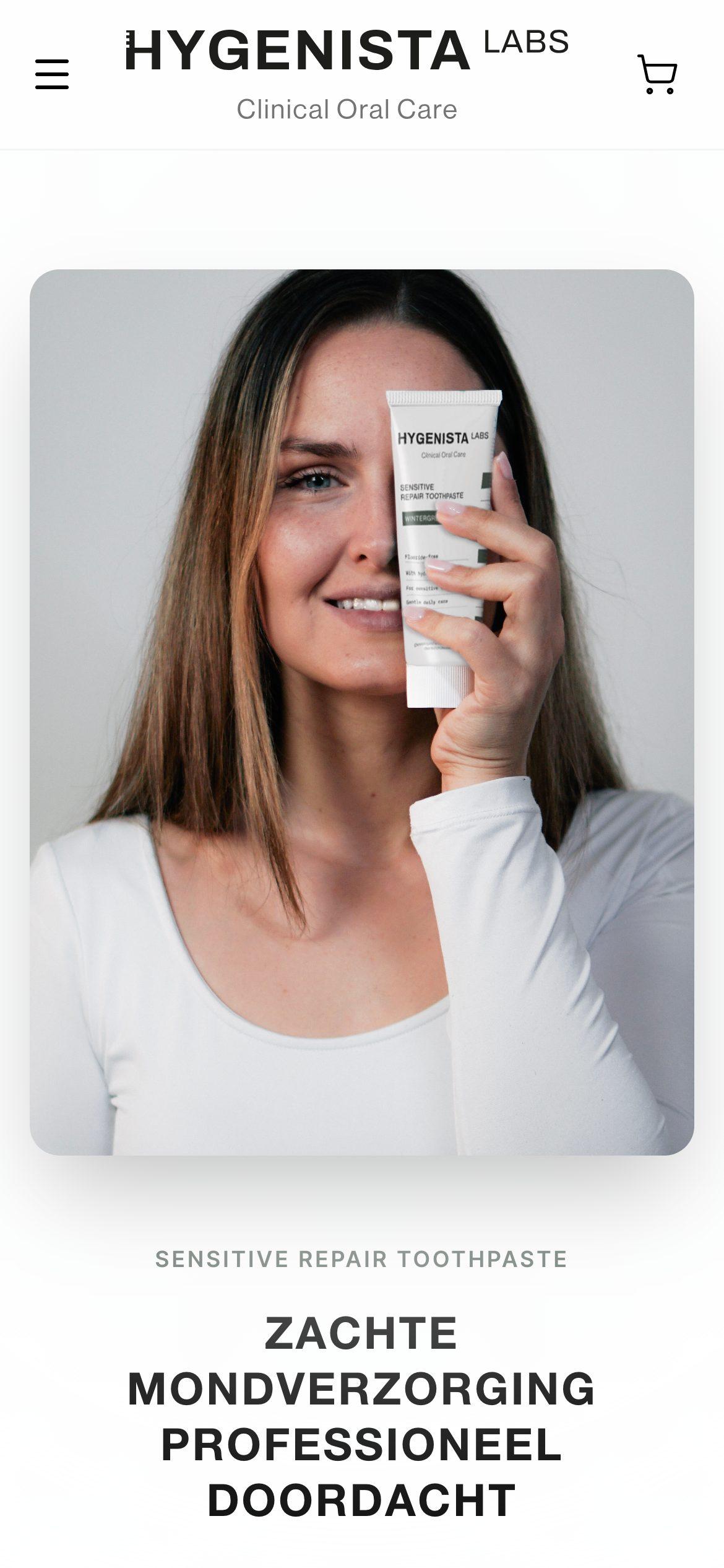 Mobiele weergave van de webshop Hygenista Labs, responsive webdesign door WebifyAI